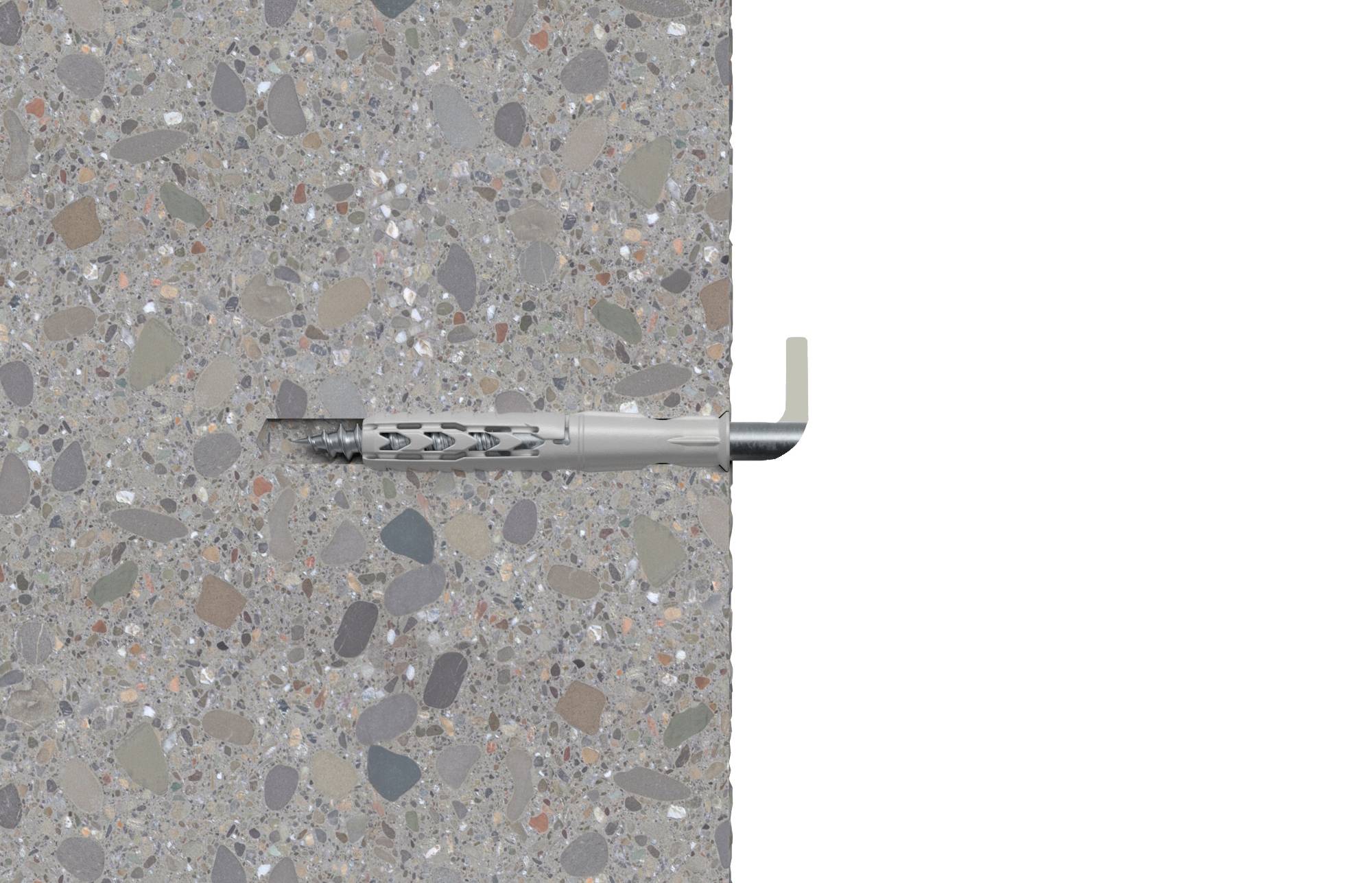 Ein silberner Bolzenanker in einer Betonstruktur, teilweise eingefügt, zeigt die Befestigungsmethode und Stabilität im Baumaterial.