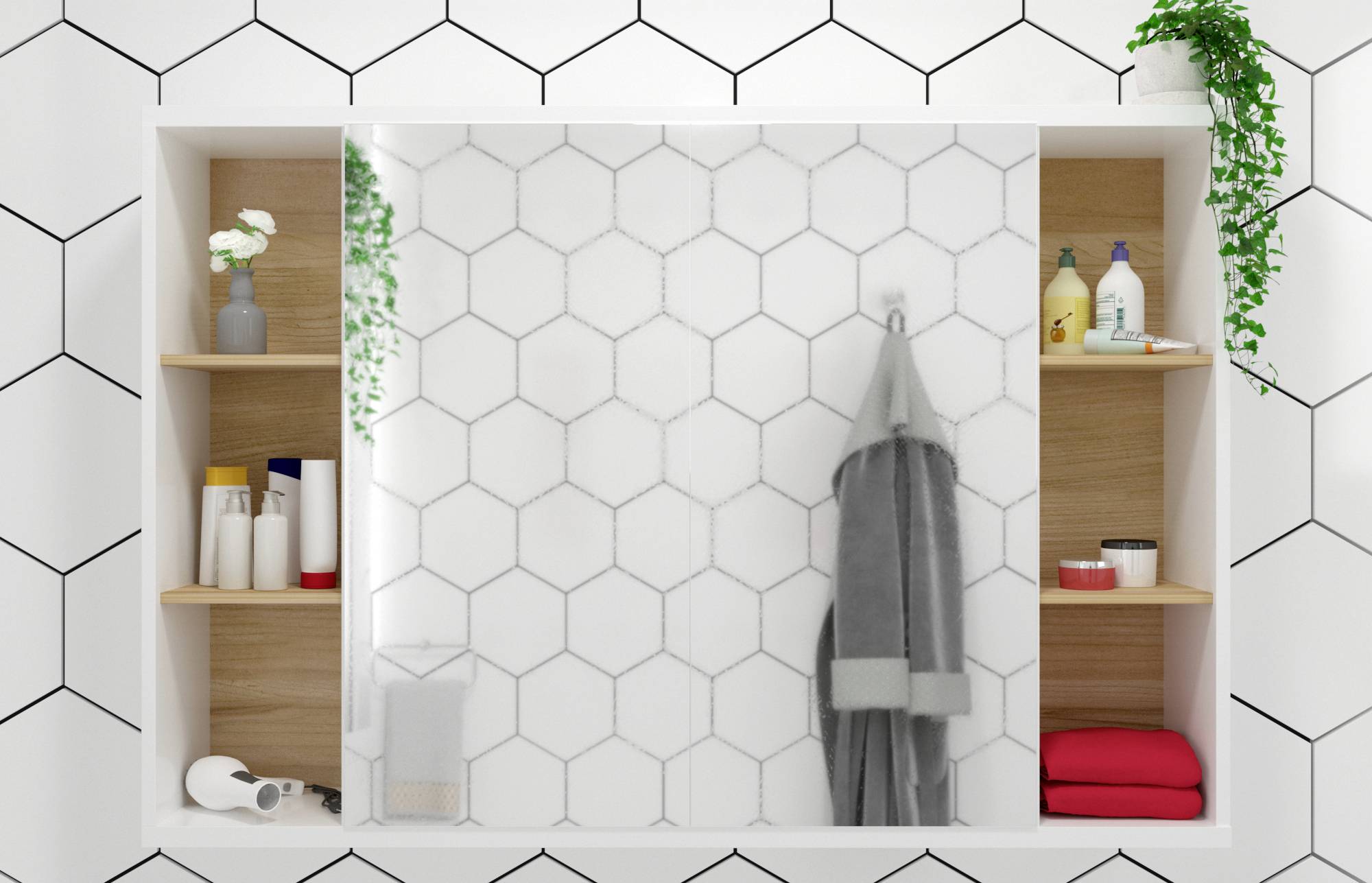 Spiegel mit zwei Regalen, gefüllt mit Pflegeprodukten und Pflanzen, vor einer Wand mit weißem Fliesenmuster im Badezimmer.