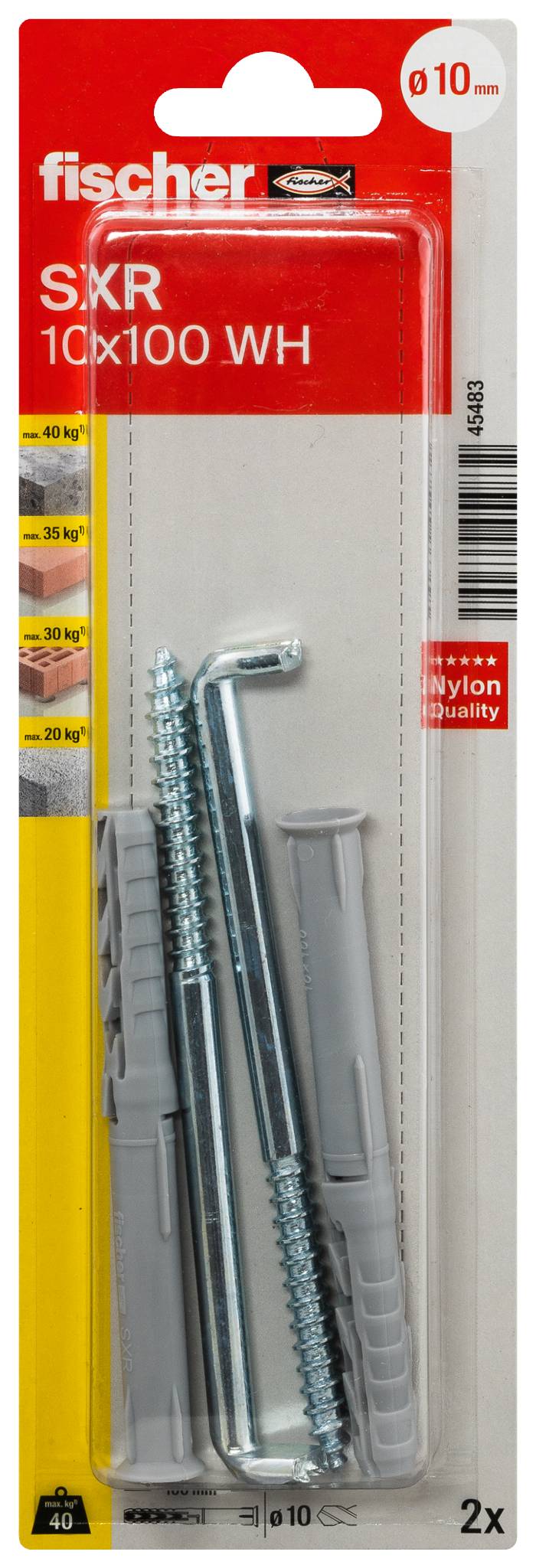 Ein Dübel und eine Schraube. Der Dübel ist aus Kunststoff mit Lamellen, die Schraube aus Metall mit Gewinde und Hakenende.