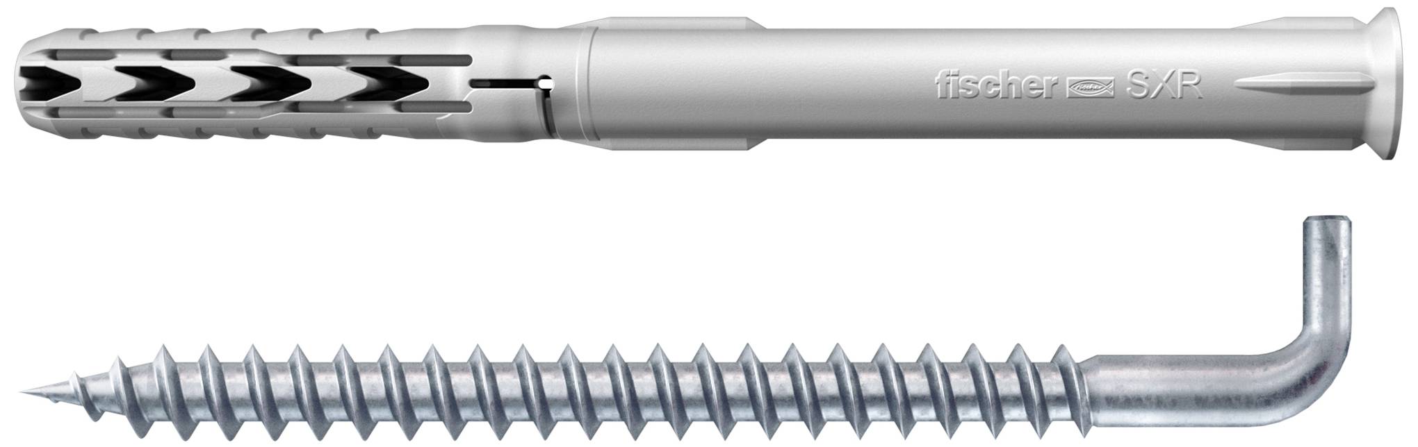Ein Dübel und eine Schraube. Der Dübel ist aus Kunststoff mit Lamellen, die Schraube aus Metall mit Gewinde und Hakenende.