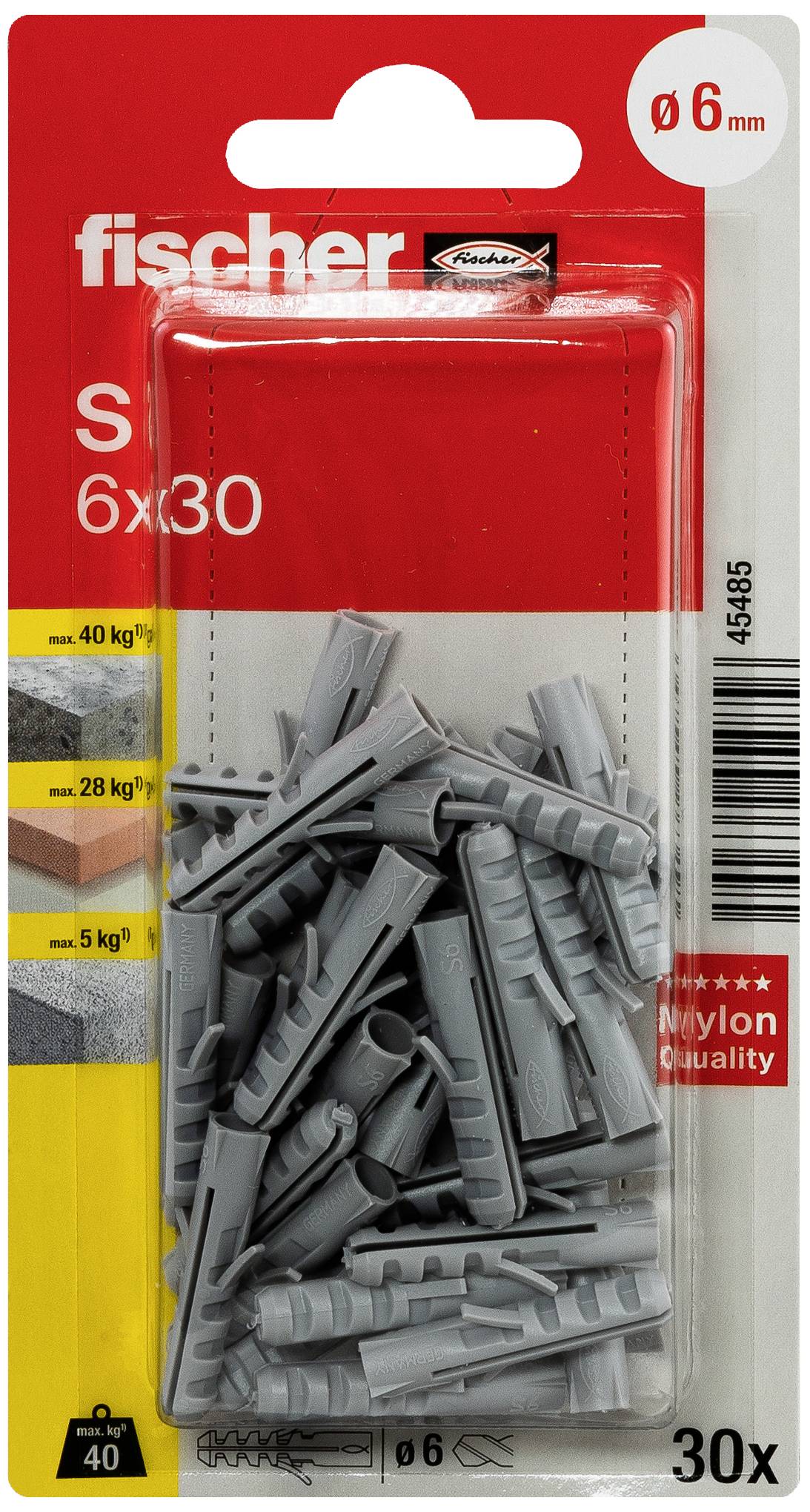 Graue Dübel in einer Verpackung. Text auf der Verpackung: 'fischer S 6x30', 'Nylon Quality', Kapazität: 40 kg, 28 kg, 6 mm und 30 Stück enthalten.