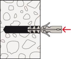 Darstellung eines Dübels, der in einem Wandmaterial befestigt wird. Eine rote Pfeilmarkierung zeigt die Richtung des Eindrehen des Dübels an.