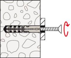 Diagramm eines Wanddübels, der in eine Mauer eingesetzt wird. Schraube wird mit Pfeil im Uhrzeigersinn gedreht.