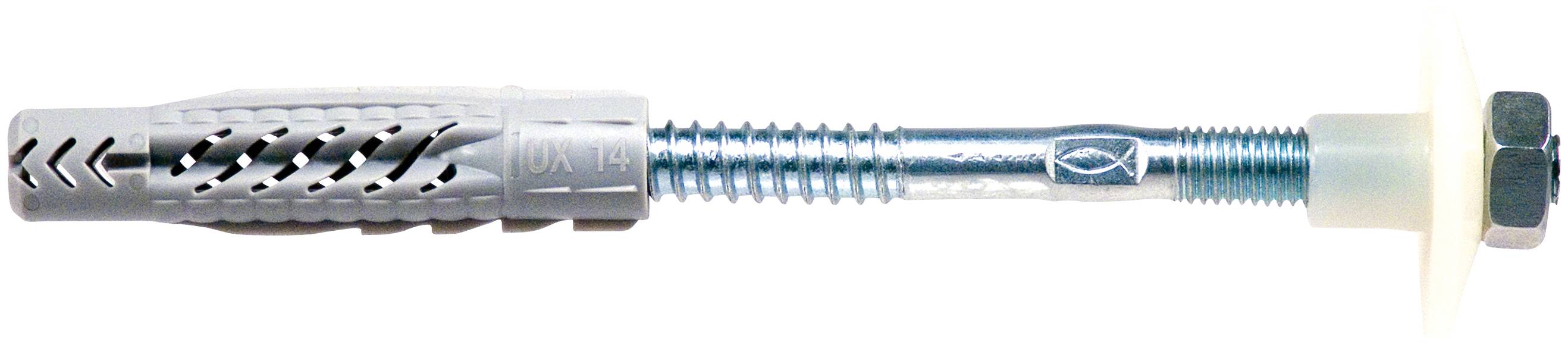 Verpackung mit zwei Metall-Schraubhaken, zwei weißen Kunststoffabdeckungen und einem grauen Dübel, Marke 'Fischer', Typ 'WST 140 M10'.
