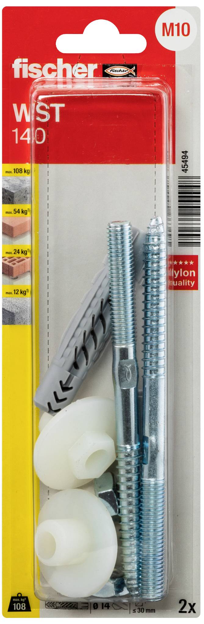 Verpackung mit zwei Metall-Schraubhaken, zwei weißen Kunststoffabdeckungen und einem grauen Dübel, Marke 'Fischer', Typ 'WST 140 M10'.