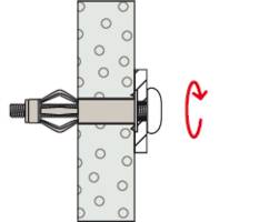 Diagramm zeigt einen Kippschraubenanker in einer Wand mit Drehsymbol.