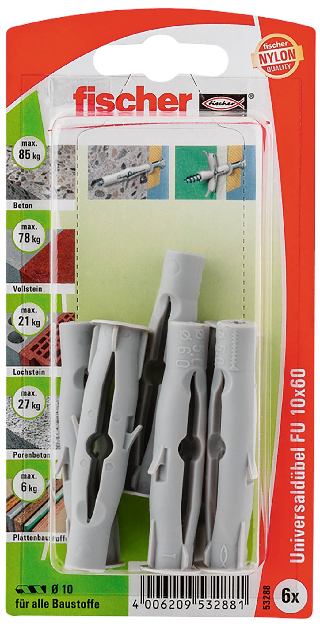 Verpackung mit sechs grauen Universaldübeln von Fischer, geeignet für diverse Baustoffe, Belastbarkeiten in kg angegeben, Nylonqualität.