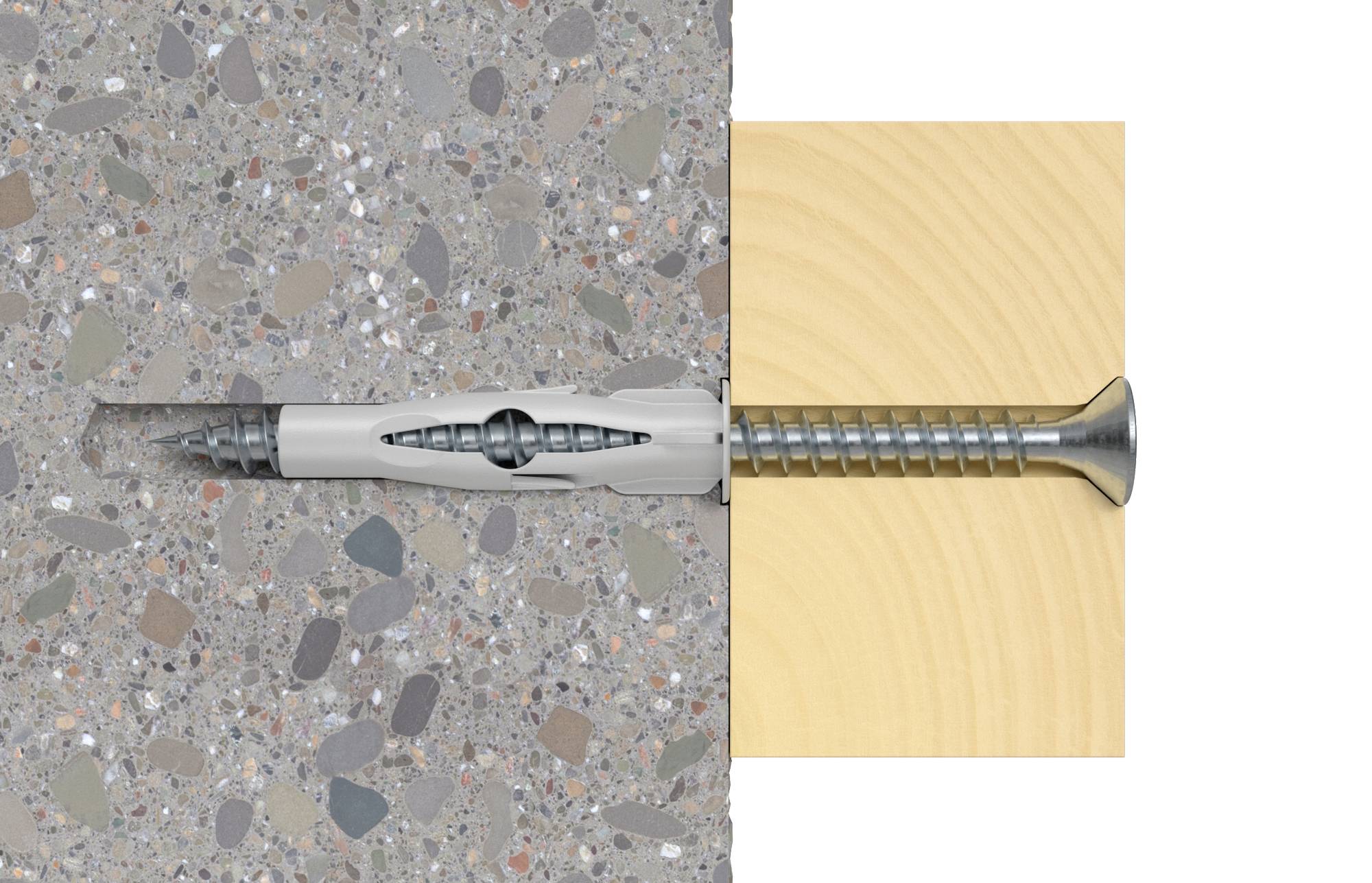 Metallschraube fixiert mit Dübel in Betonwand, hält Holzplatte.