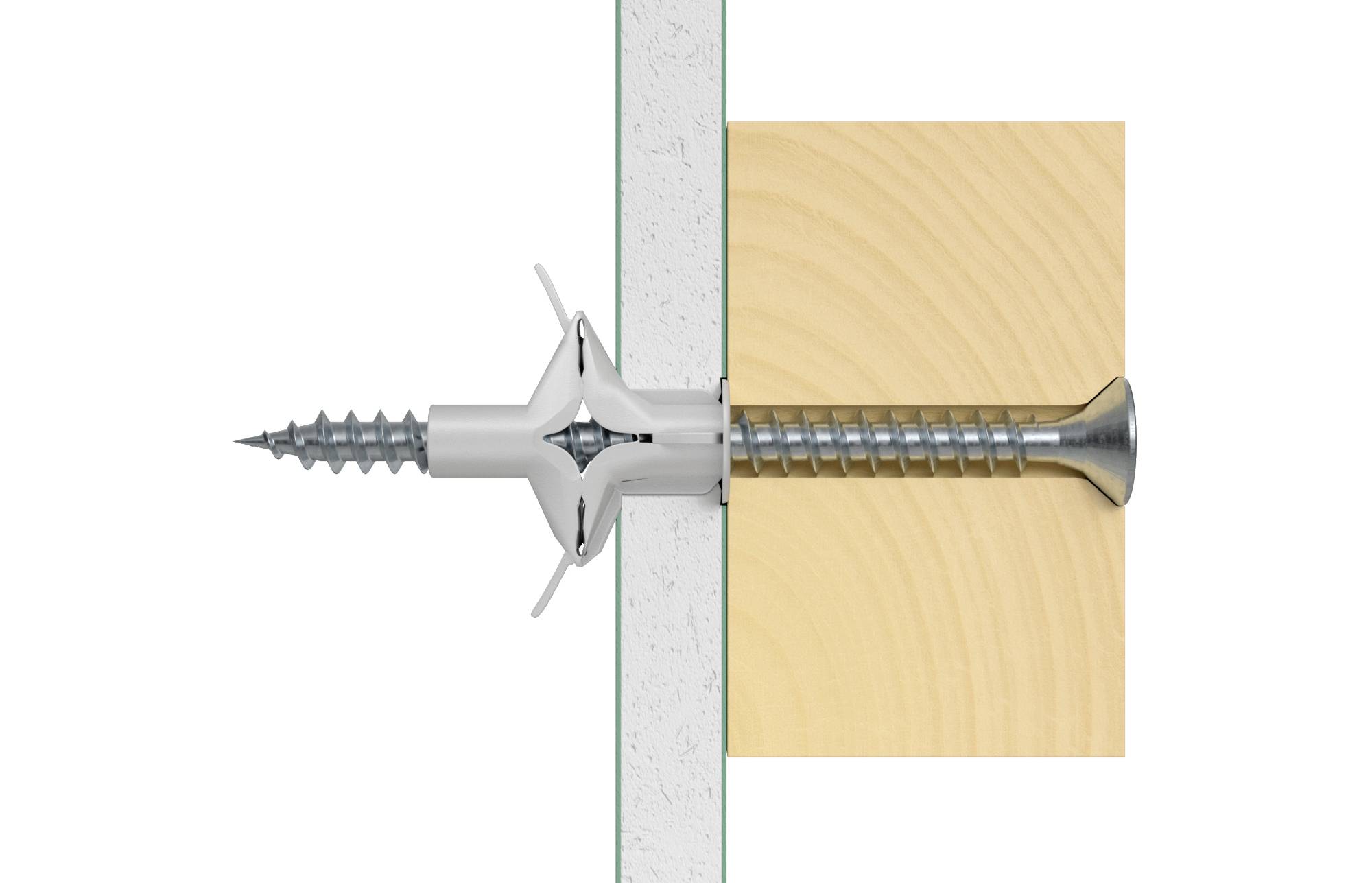 Schraube mit Expansionsdübel durchdringt eine Wand, zeigt Befestigungsmethode für Montage in Trockenbauanwendungen.