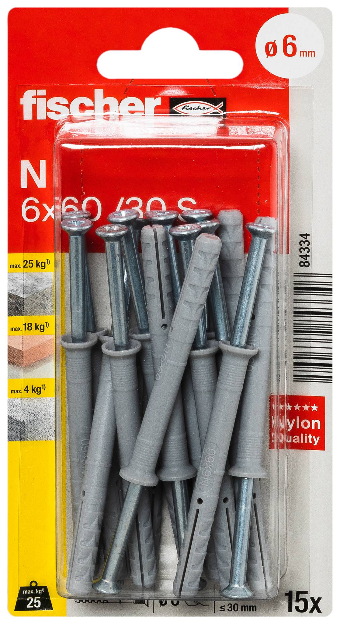 Packung Fischer Nylon-Dübel und Schrauben, gekennzeichnet 6 mm, N 6x30/30 S, 15er-Set.