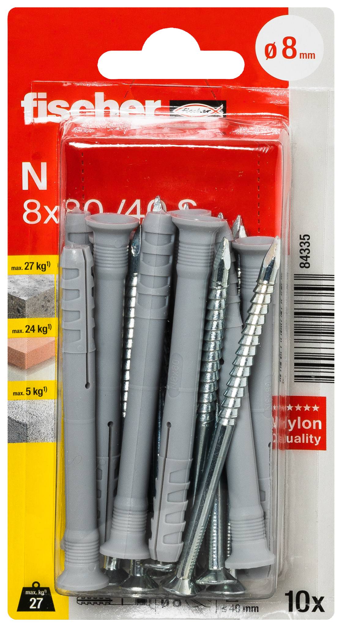 Verpackter Fischer-Dübelsatz mit 10 grauen Nylon-Dübeln und Schrauben, gekennzeichnet für 8-mm-Bohrungen und Tragfähigkeit bis zu 27 kg.
