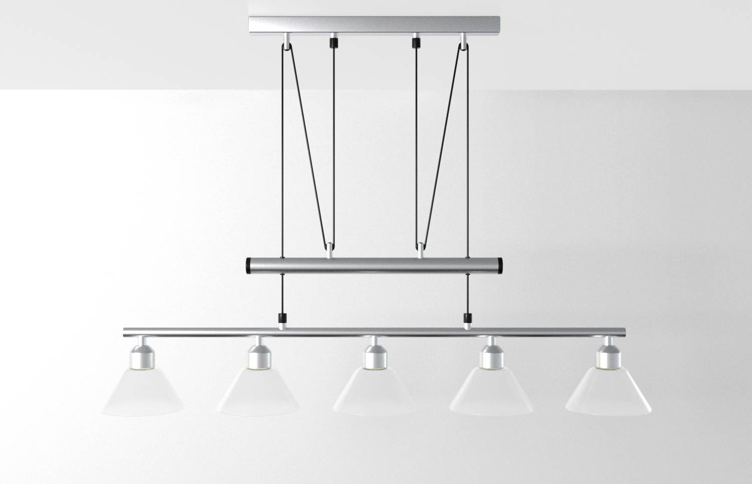 Fünf moderne Hängelampen mit kegeligen Glasschirmen, in einer Reihe angeordnet, vor einer weißen Wand montiert.