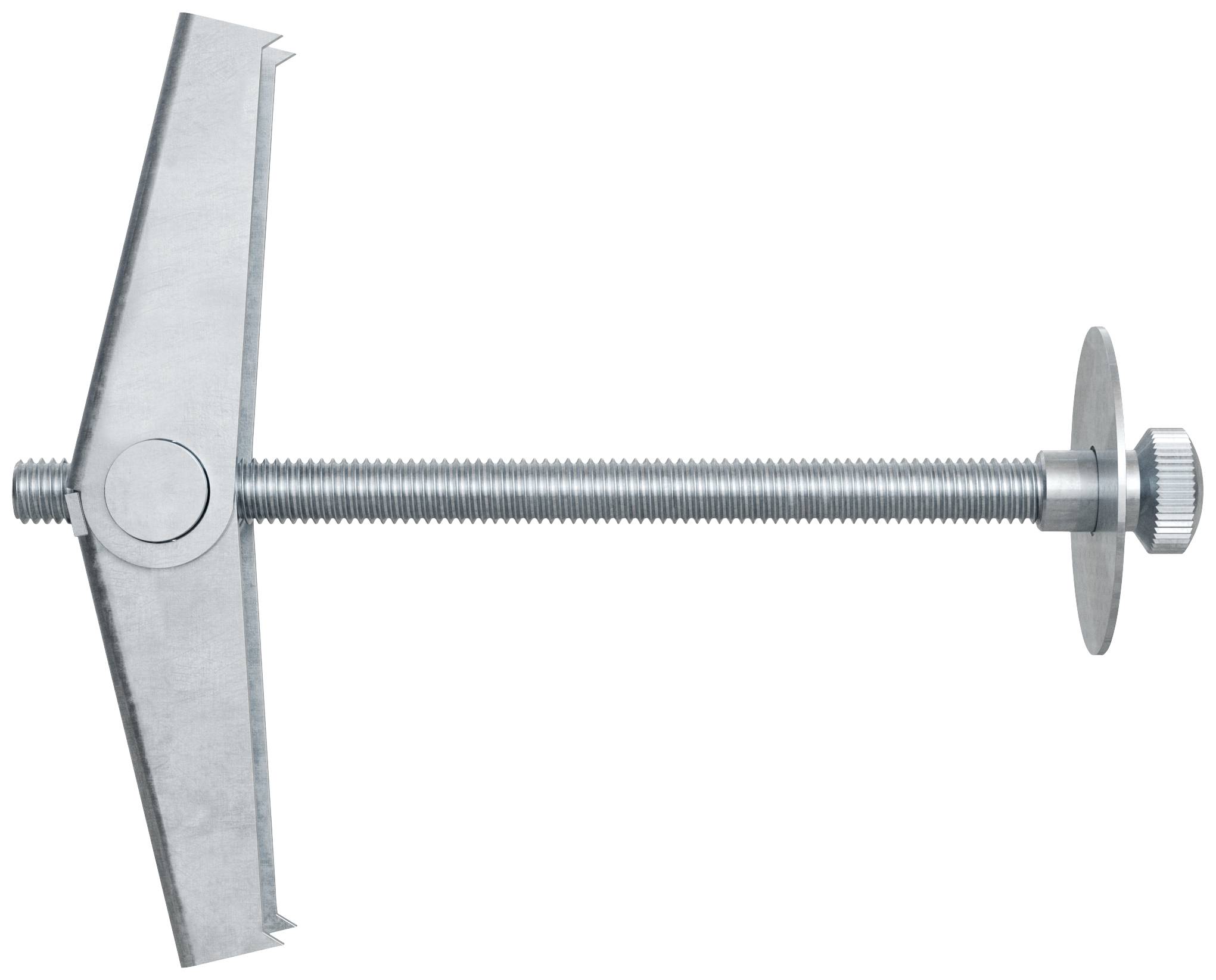 Metallischer Klappdübel mit Flügeln und Gewindestange, dient zur Befestigung von Gegenständen an Hohlraumwänden.