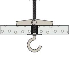 Ein Metallhaken wird mit einem Schiebeverschluss an einer Deckenhalterung befestigt.