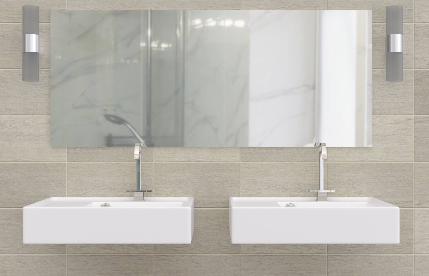 Zwei weiße Waschbecken mit silbernen Armaturen vor einem großen Spiegel an einer beigen Kachelwand.