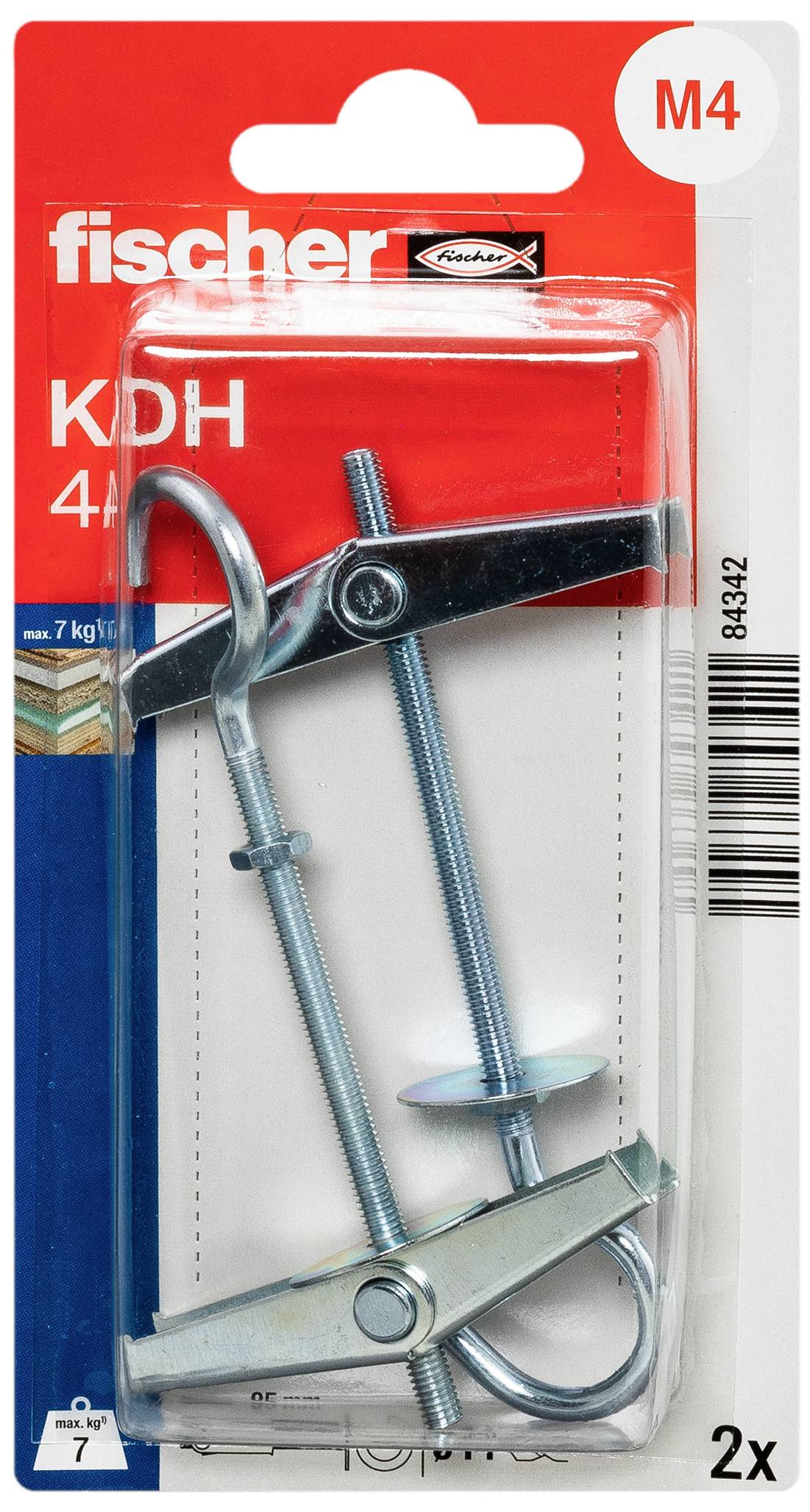 Metall-Hohlraumdübel-Set von Fischer, Modell M4, geeignet für Belastungen bis zu 7 kg. Verpackung zeigt zwei Dübel mit Schrauben.