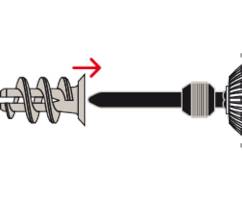 Bohrmaschine montiert einen Schraubanker in die Wand. Der rote Pfeil zeigt die Einschraubrichtung an.