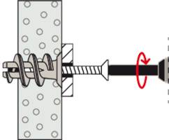 Diagramm eines fischertec SXRL-Dübel: Dübel in einer Wand mit Schraube, roter Pfeil zeigt Schraubrichtung an.
