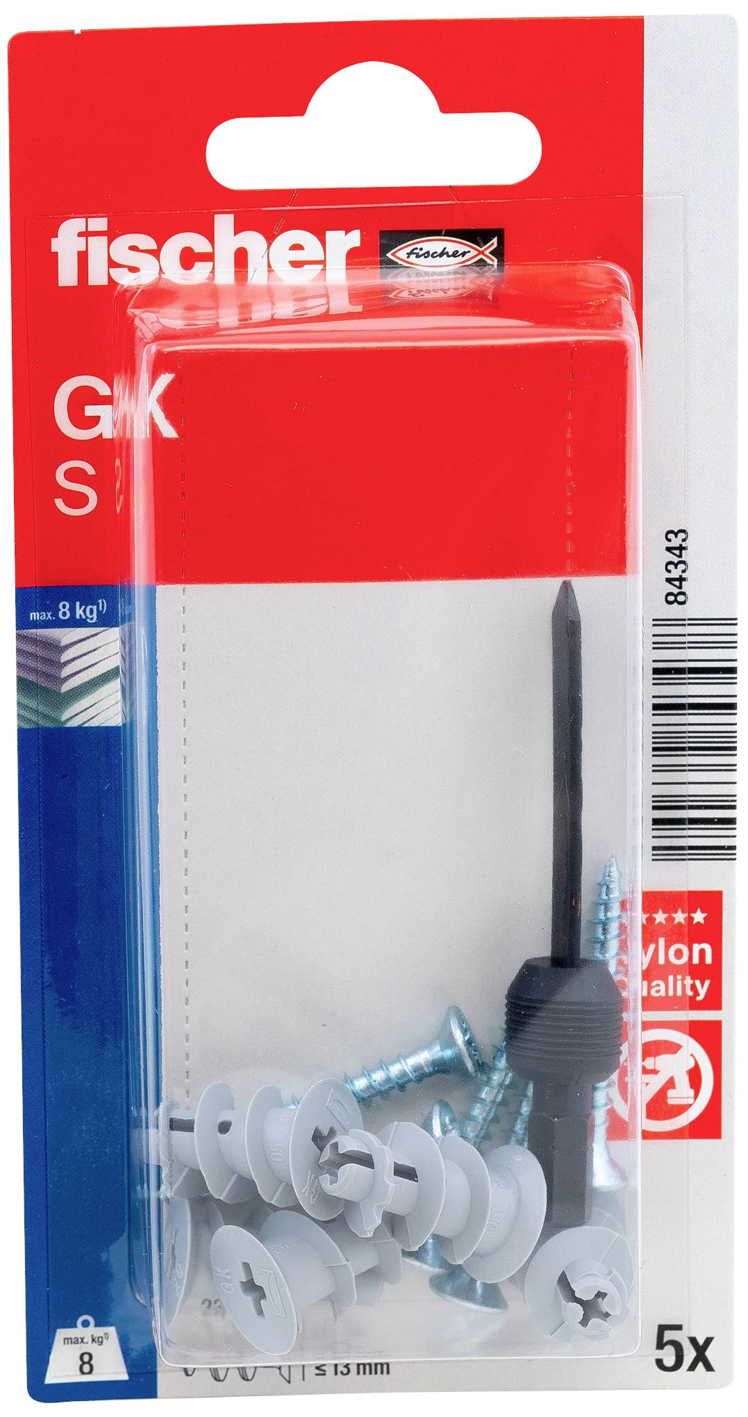 Verpackung mit Fischer Gipskartondübeln und Schrauben. Beinhaltet 5 Stück. Geeignet für Befestigungen in Trockenbauwänden.