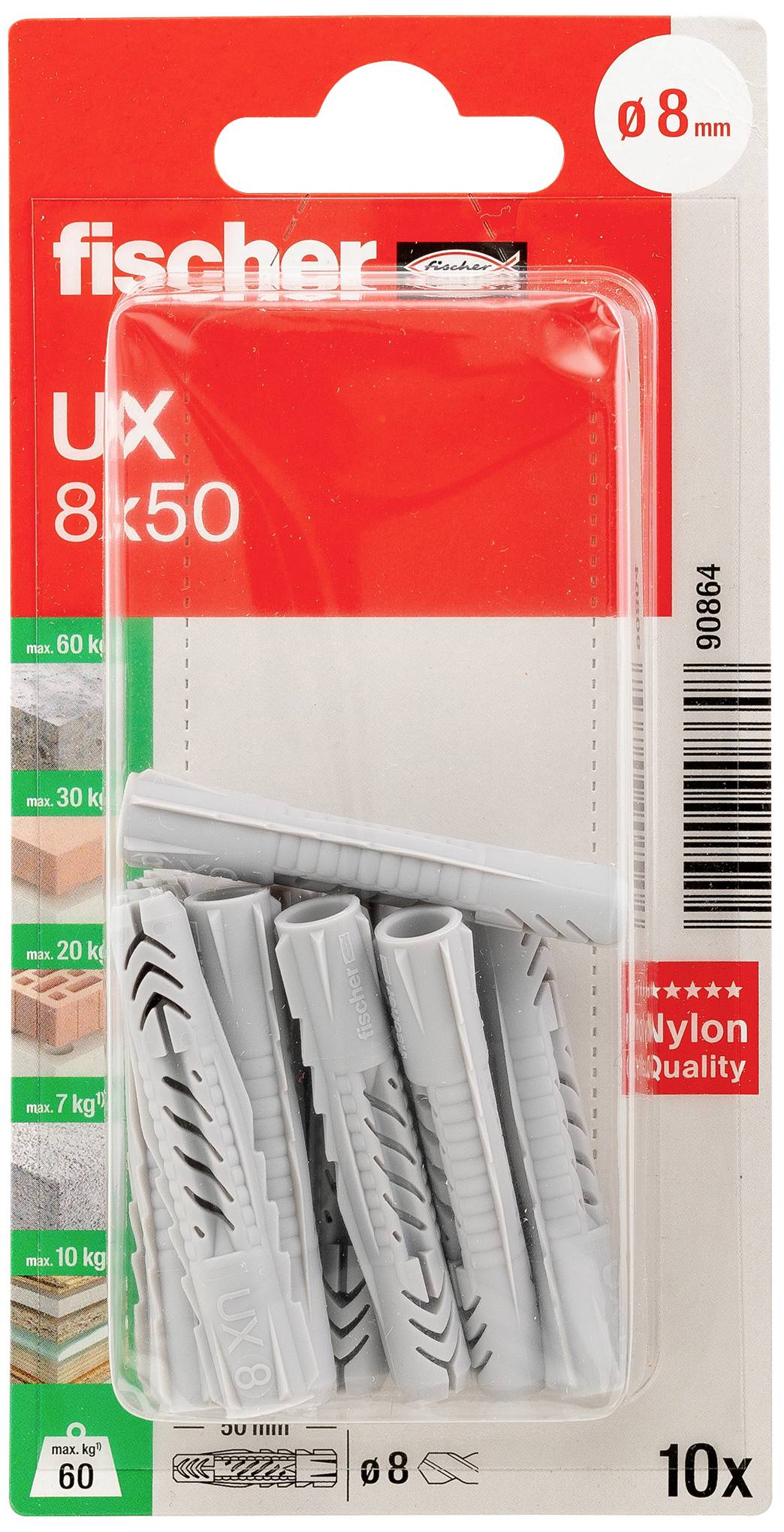 Packung mit grauen Fischer UX-Dübeln, Größe 8x50 mm, für 8-mm-Bohrer. Enthält 10 Stück. Verpackung hebt Nylon-Qualität hervor.