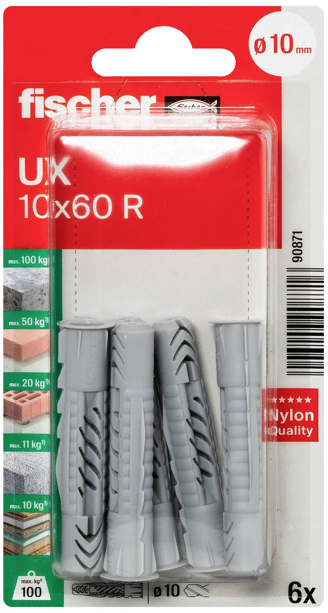 Eine Verpackung mit sechs grauen Nylon-Dübeln der Marke Fischer, geeignet für 10-mm-Bohrlöcher. Maximale Tragkraft: 100 kg.