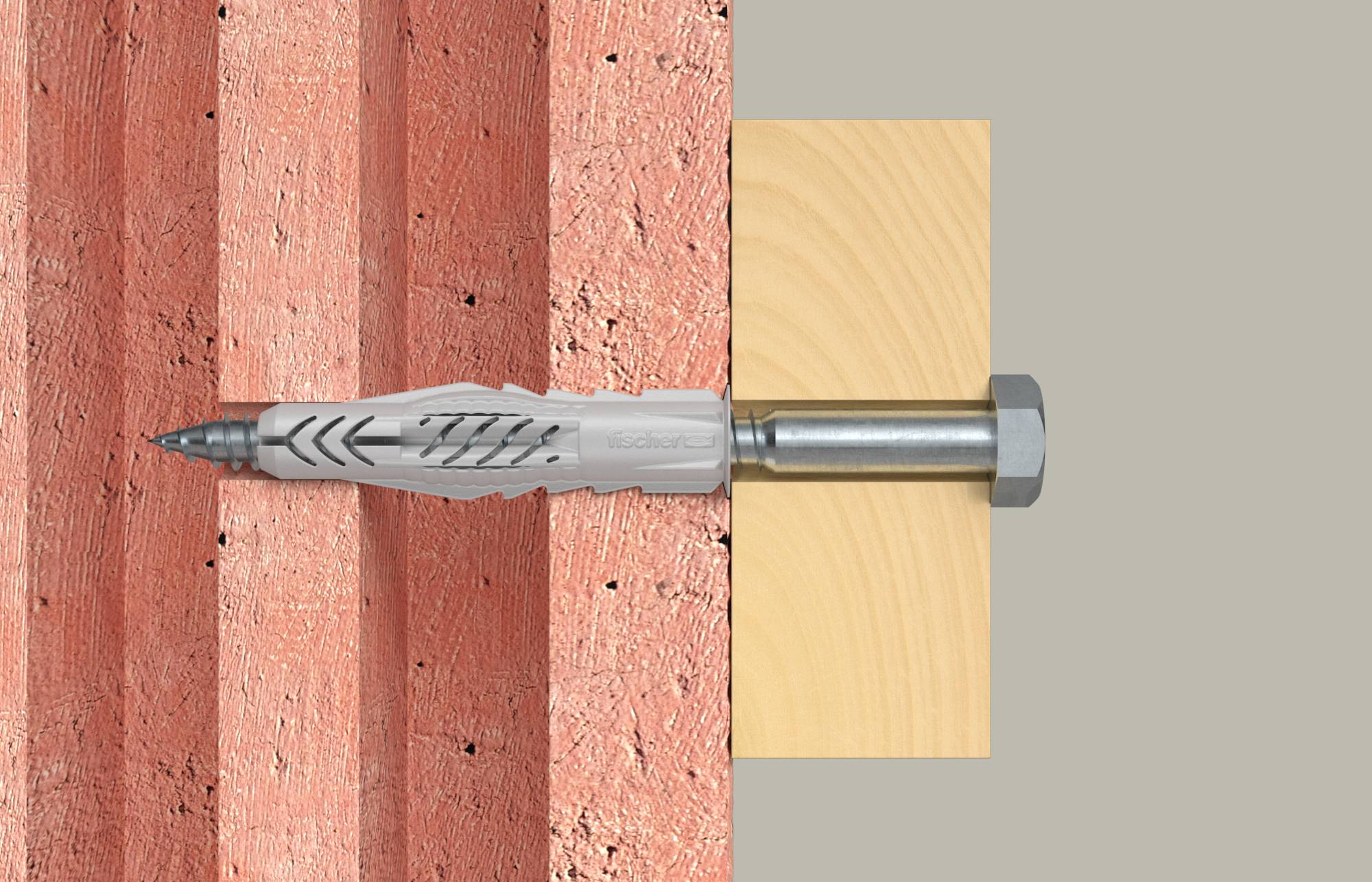 Betonverankerung mit eingefädelter Schraube, die durch eine Wand und in einen Holzblock eingeführt wird und eine Befestigung zeigt, die Materialien zusammenhält.