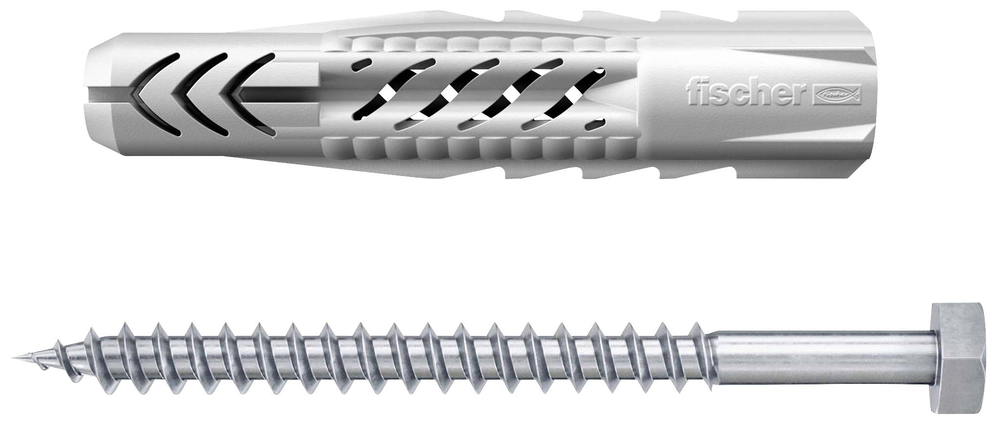 Kunststoffdübel und Metallschraube im Detail. Der Dübel hat Lamellen für sicheren Halt, die Schraube hat ein Sechskantkopfprofil.