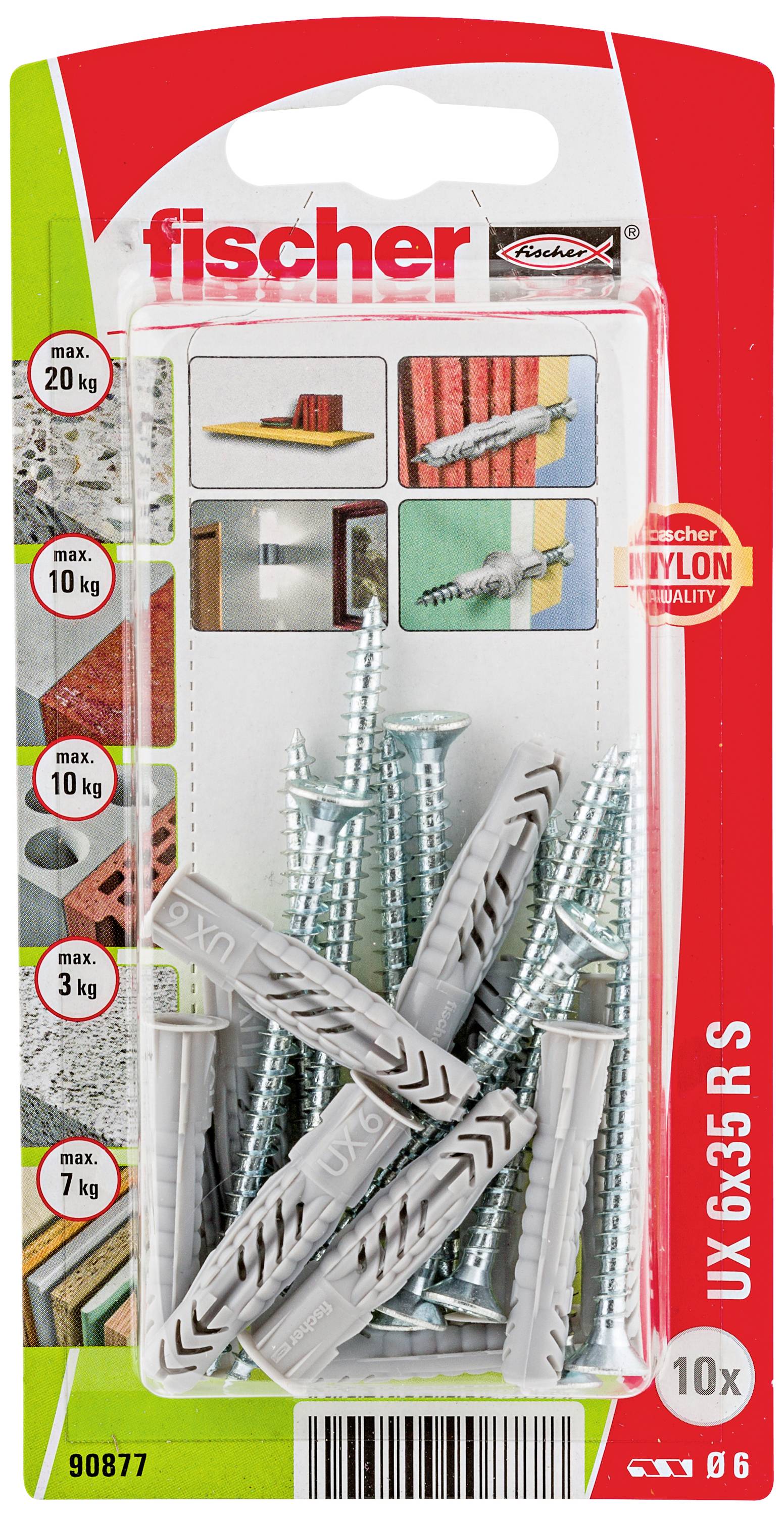 Verpackung von Fischer UX 6x35 R S nylon Dübeln und Schrauben, geeignet für verschiedene Wand-Materialien, Tragfähigkeit max. 20 kg.