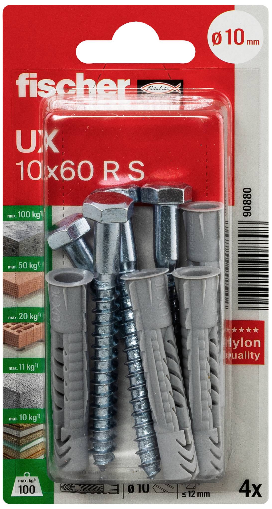 Packung mit vier Fischer UX 10x60 R S Universaldübeln und passenden Schrauben. Geeignet für verschiedene Materialien, Durchmesser 10 mm.