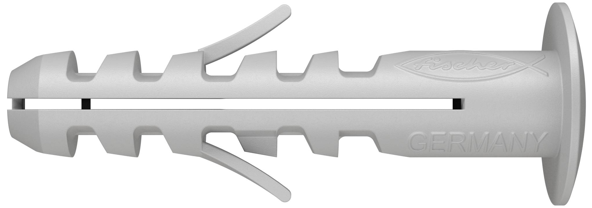Dübel aus Kunststoff mit mehreren Rippen und einem trichterförmigen Ende, auf dem 'Germany' eingeprägt ist. Verwendet für feste Verankerungen.