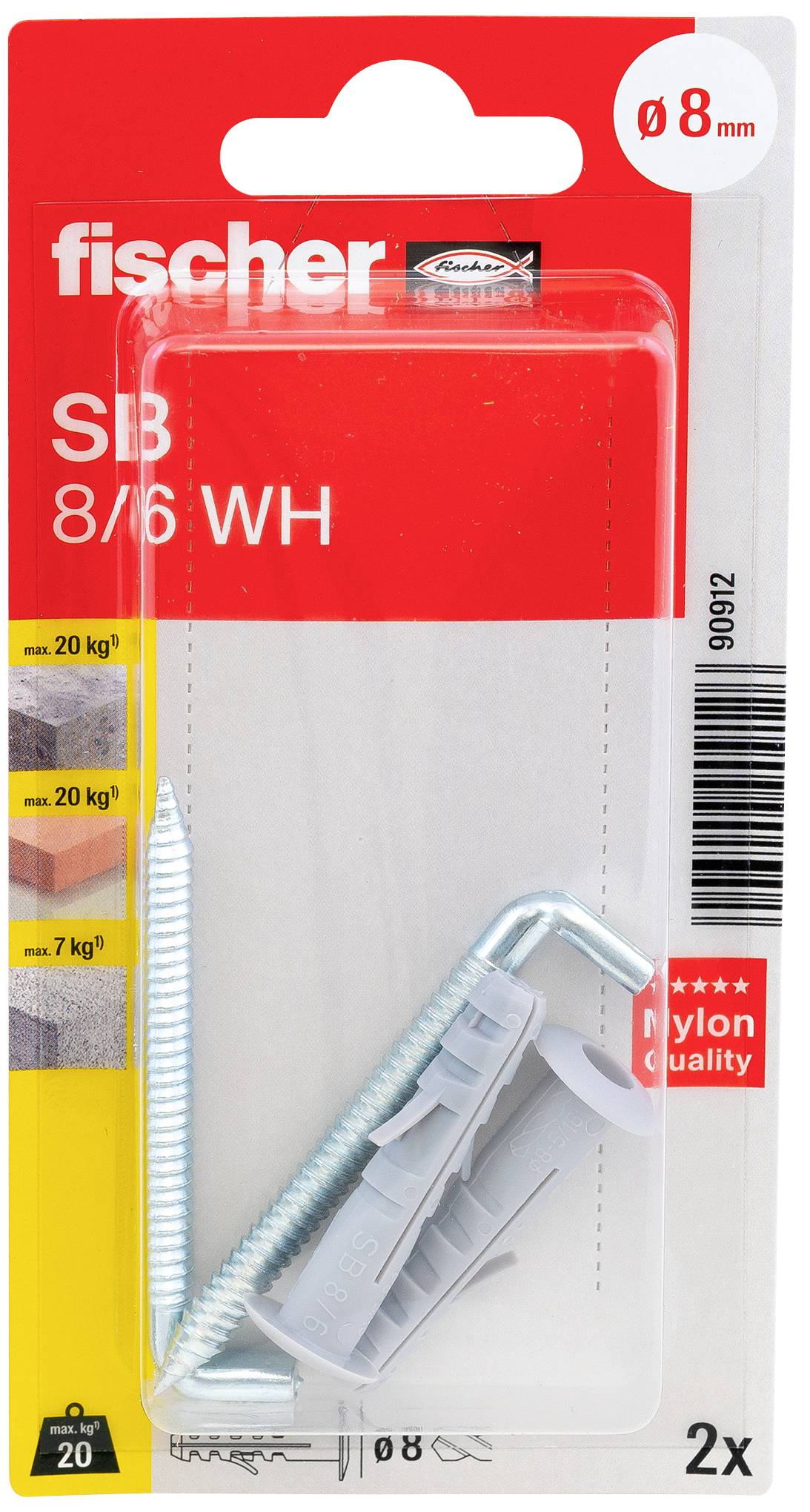 Verpackung von zwei Fischer Dübeln und Schrauben mit der Bezeichnung 'SB 8/6 WH', geeignet für 7-20 kg Traglast, Durchmesser 8 mm.
