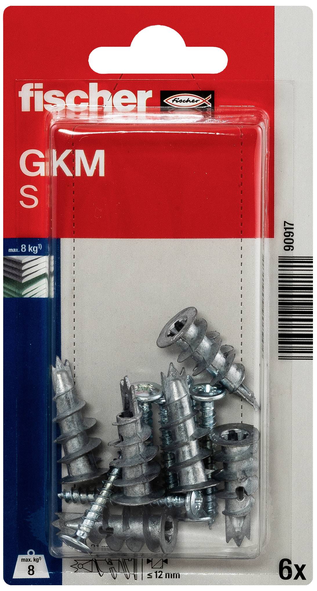 Verpackung mit sechs Fischer Gipskartondübeln und Schrauben, Typ GKM, in Kunststoffbox. Verpackung zeigt Marke und Produktdetails.