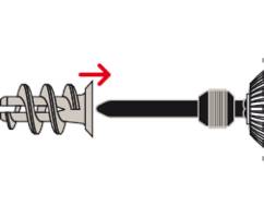 Bohrer dreht sich mit Gewindeeinsatz in die Wand. Pfeil zeigt die Drehrichtung nach rechts.