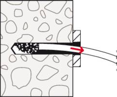 Ein Diagramm zeigt eine Injektion in eine Betonwand mit einem Pfeil, der die Fließrichtung des Materials anzeigt.