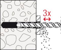 Bohrvorgang: Bohrer bohrt durch Material, Bohrlöcher 3x länger als der Durchmesser. Diagramm zeigt Materialschichten und Bohrerbewegung.