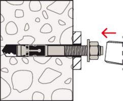Illustration eines Dübelmechanismus im Querschnitt. Zeigt, wie ein Dübel in einer Wand befestigt wird, mit einer roten Pfeilanzeige.