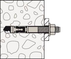 Abbildung eines Schwerlastdübels, der in eine Wand eingelassen ist. Der Dübel zeigt seine Verankerung im Mauerwerk mit Gewinde und Mutter.