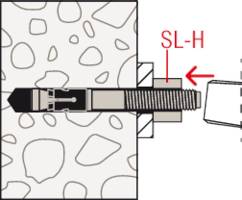 Schematische Darstellung einer Schraube in einer Betonwand. Eine rote Linie zeigt auf den Schraubenkopf markiert mit 'SL-H'.