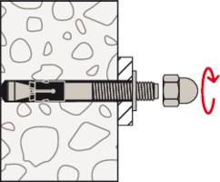 Abbildung eines Dübelmechanismus in einer Wand, der mit einer Schraube gesichert wird. Ein roter Pfeil zeigt die Drehrichtung.