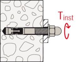 Querschnitt einer Betonwand mit einer Verankerung. Rechts ist die Richtung des Festziehens mit einem roten Pfeil gekennzeichnet.