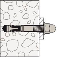Illustration eines Dübels in einer Wand, zeigt die Verankerung und Befestigung im Baustoff, Schraube im Profil geschnitten.