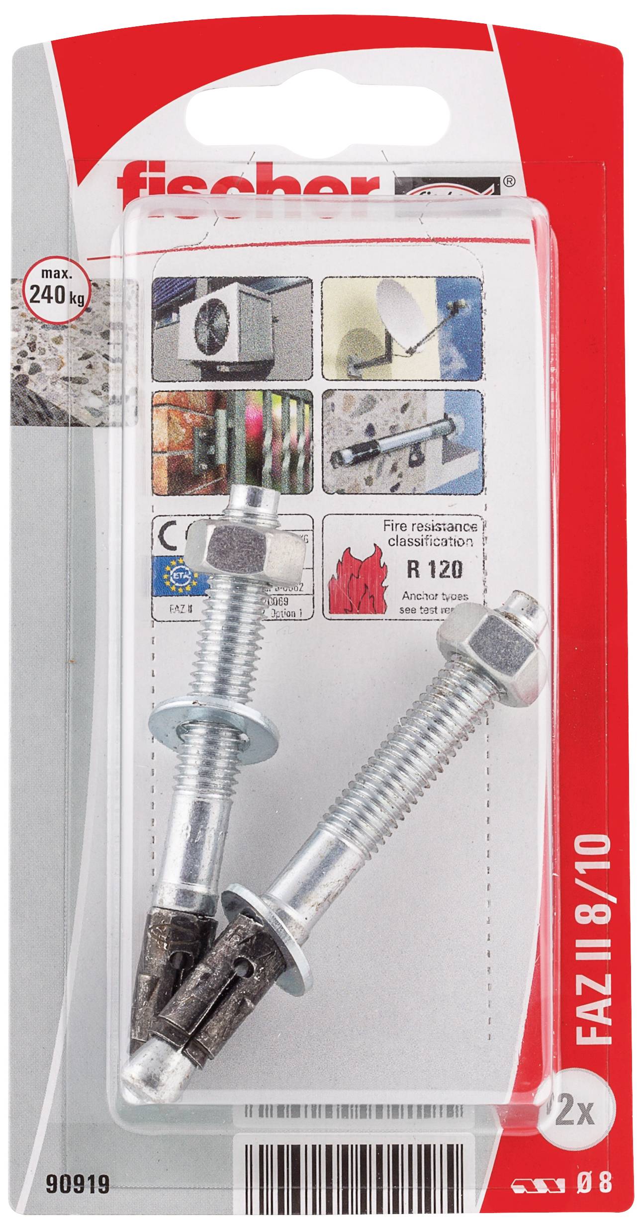 Zwei Fischer Schwerlastanker FAZ II mit Metallmutter in Blisterverpackung. Geeignet für hohe Lasten bis 240 kg und Brandschutzklasse R 120.