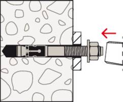 Illustration einer Wandbefestigung: Schraube mit Dübel in Betonwand montiert. Pfeil zeigt nach rechts, Symbol für Anziehen der Mutter.