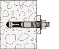 Querschnitt einer Schraube, die in einem mit Steinen gezeichneten Mauerwerk befestigt ist. Zeigt das Innenleben der Verankerung.