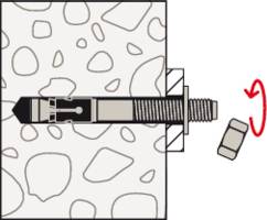 Abbildung eines Schraubankers, der in eine Wand eingesetzt wird. Ein Schraubenschlüssel zieht die Mutter an, um den Anker zu sichern.