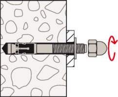 Ein Mechanismus zum Befestigen eines Ankers in Beton: eine Schraube mit Mutter, die mit einem Schlüssel rechtsherum angezogen wird.