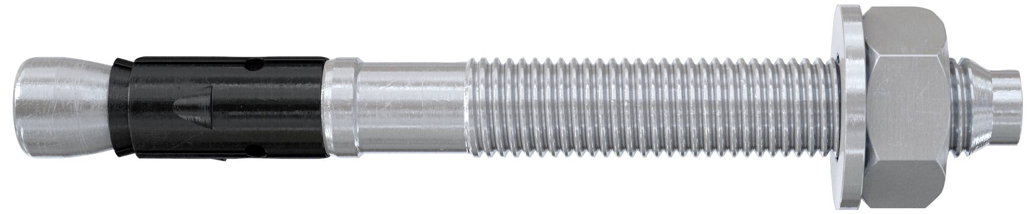 Metallischer Bolzenanker mit Sechskantmutter und konischen Enden, geeignet für Befestigungen in Beton oder Mauerwerk.