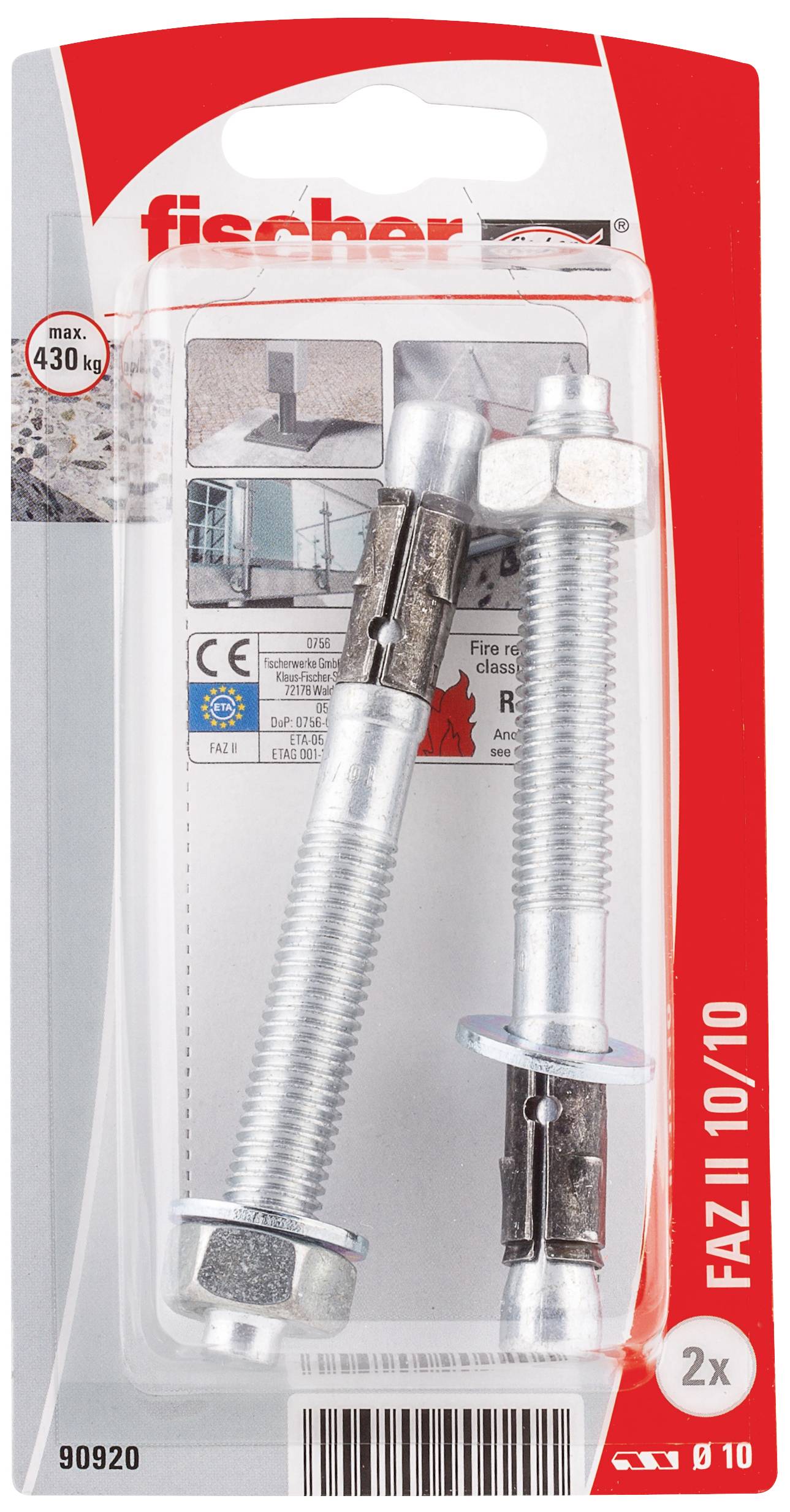 Zwei Metall-Schwerlastanker von Fischer im Blisterpack, geeignet für Betonbefestigungen bis 430 kg Tragkraft, Typ FAZ II 10/10.
