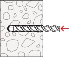 Bohrer dringt horizontal in gepunktetes Material mit rotem Pfeil, der die Richtung anzeigt.
