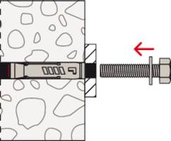 Diagramm eines Ankers und einer Schraube, die in Beton montiert ist. Ein Pfeil zeigt die Drehrichtung der Schraube an.